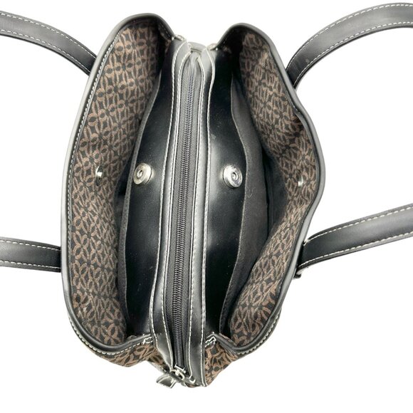 Relic Brown Geometric Pattern Handbag Black Faux Leather Trim Double Handles - Picture 7 of 12